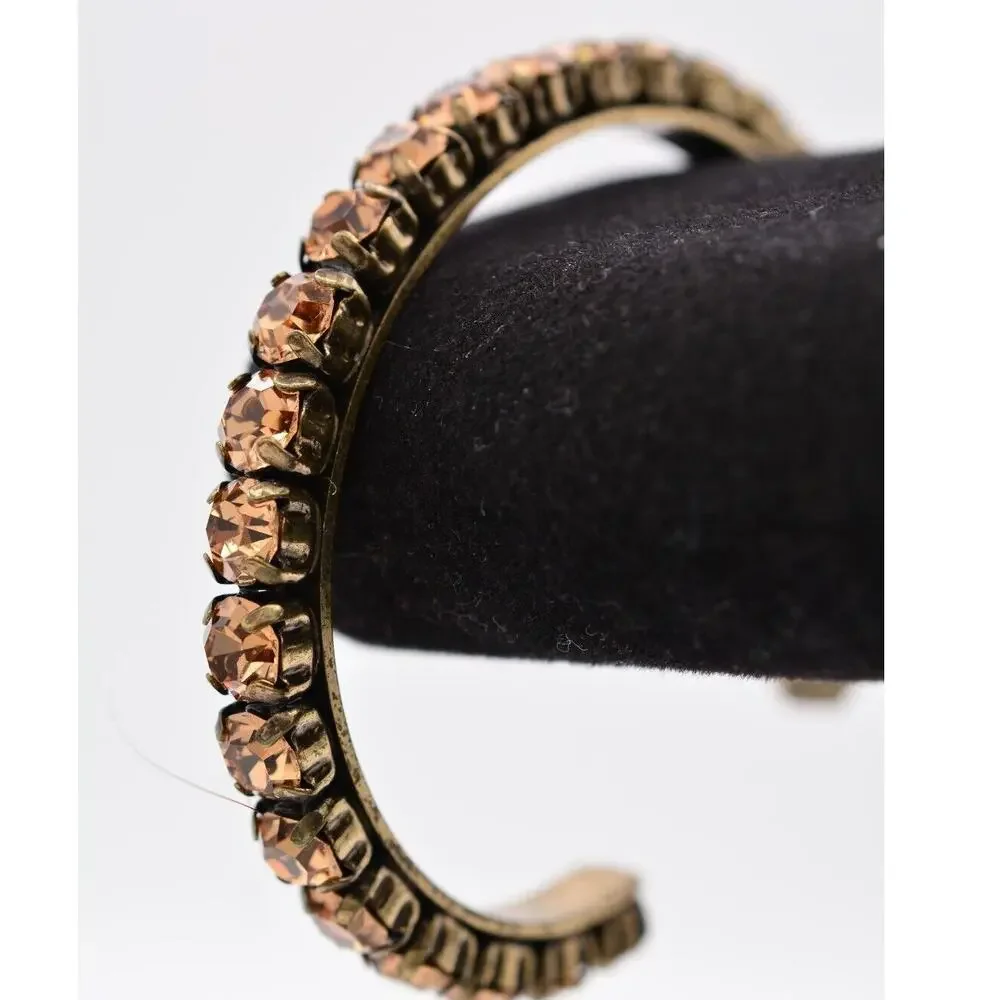 J.Crew Crystal Cuff Bangle Bracelet Chocolate Rhinestone Aged Gold Signed BinAD
